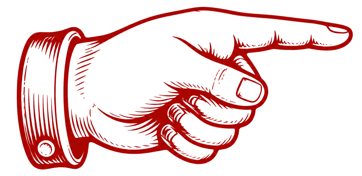 A red illustration of a human hand with the index finger pointing outward, wearing a cuffed sleeve.