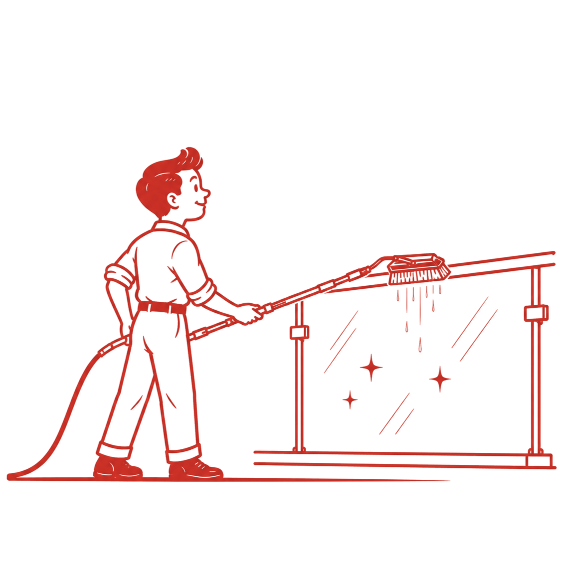 Outline of a person cleaning a large glass railing