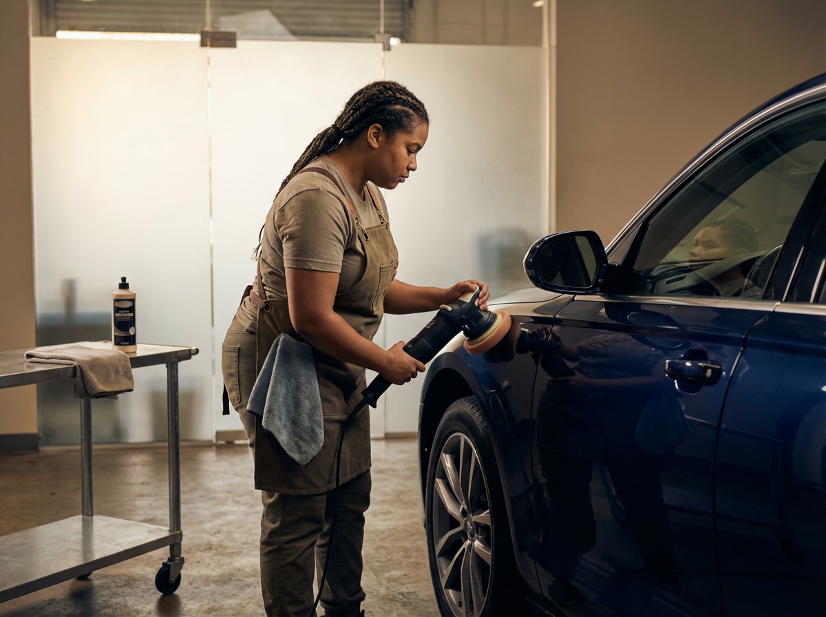 A woman is polishing a dark blue car with a handheld polisher in an auto shop.