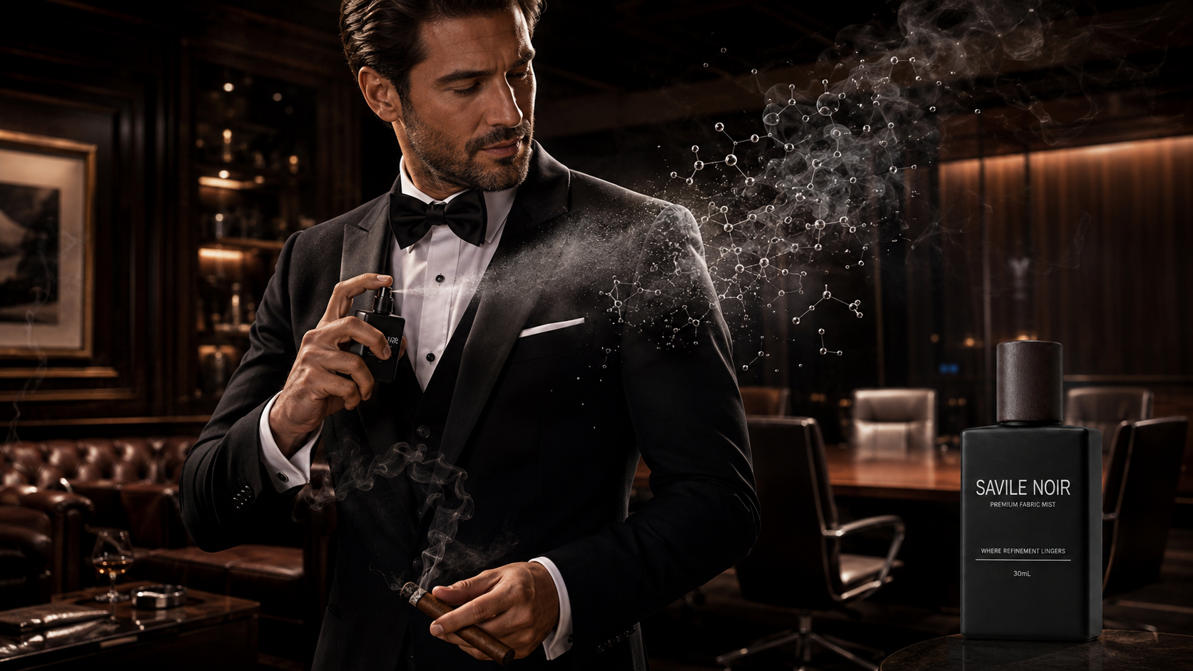 A man in a tuxedo and bow tie sprays perfume onto his shoulder in a luxurious room, holding a cigar in one hand. There is a bottle of Savile Noir fabric mist on a table in front of him.