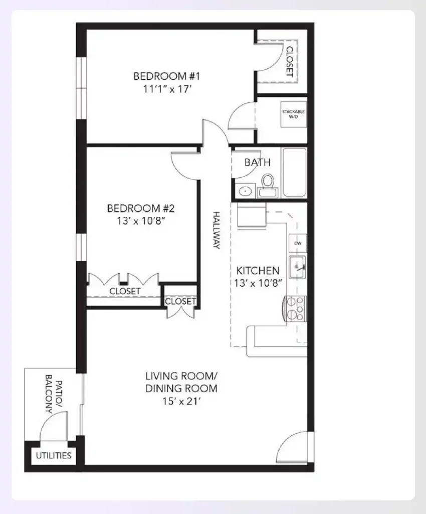 Floor plan of an apartment with two bedrooms, one bathroom, kitchen, living room/dining room, patio balcony, utility area, and closets in each bedroom.