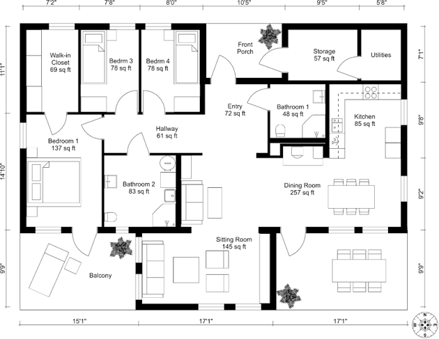 Floor plan showing a residential layout with labeled rooms including a walk-in closet, three bedrooms, a hallway, two bathrooms, a front porch, storage, utility room, kitchen, dining room, sitting room, and balcony. Dimensions are provided for each room.