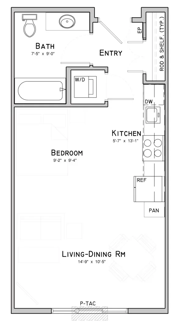 Floor plan of a small apartment with labeled rooms including entry, bathroom, bedroom, kitchen, and living-dining room. The layout shows the placement of appliances and fixtures like bathtub, washer/dryer, refrigerator, and stove.