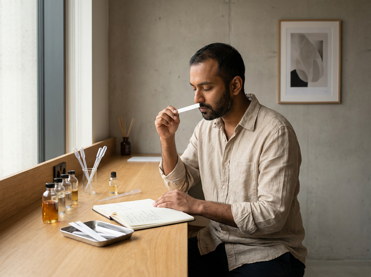 A man sitting at a wooden table with test tubes and bottles, smelling a test strip, with an open notebook in front of him in a room with a window and abstract artwork.