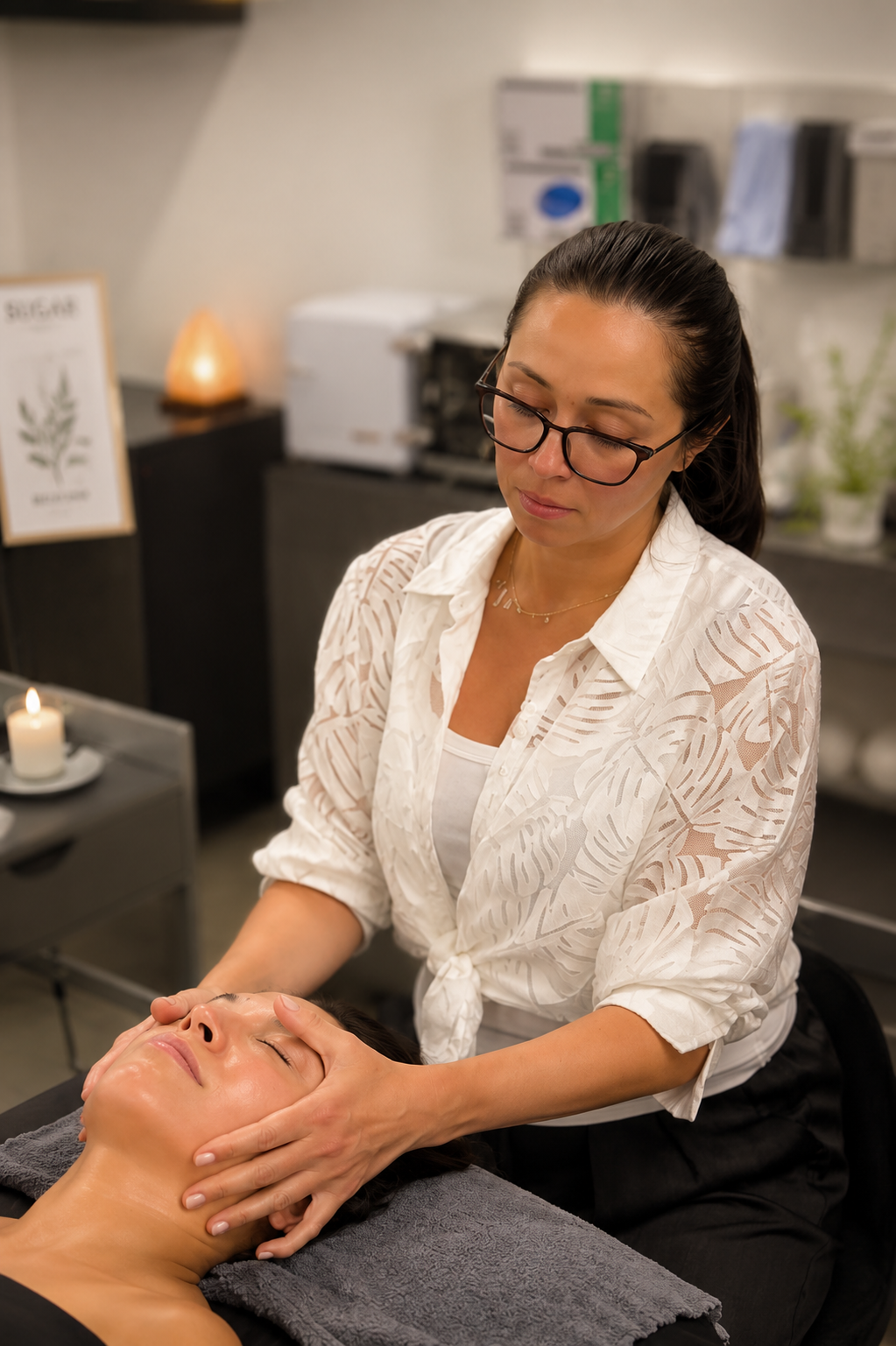 A woman in glasses is giving a facial massage to a woman lying on a treatment bed in a spa or skincare clinic.