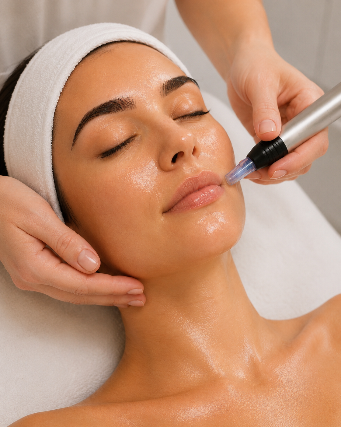Professional NanoNeedling treatment using non-invasive technology to improve skin texture, enhance serum absorption, increase hydration, and support a brighter, healthier-looking complexion.