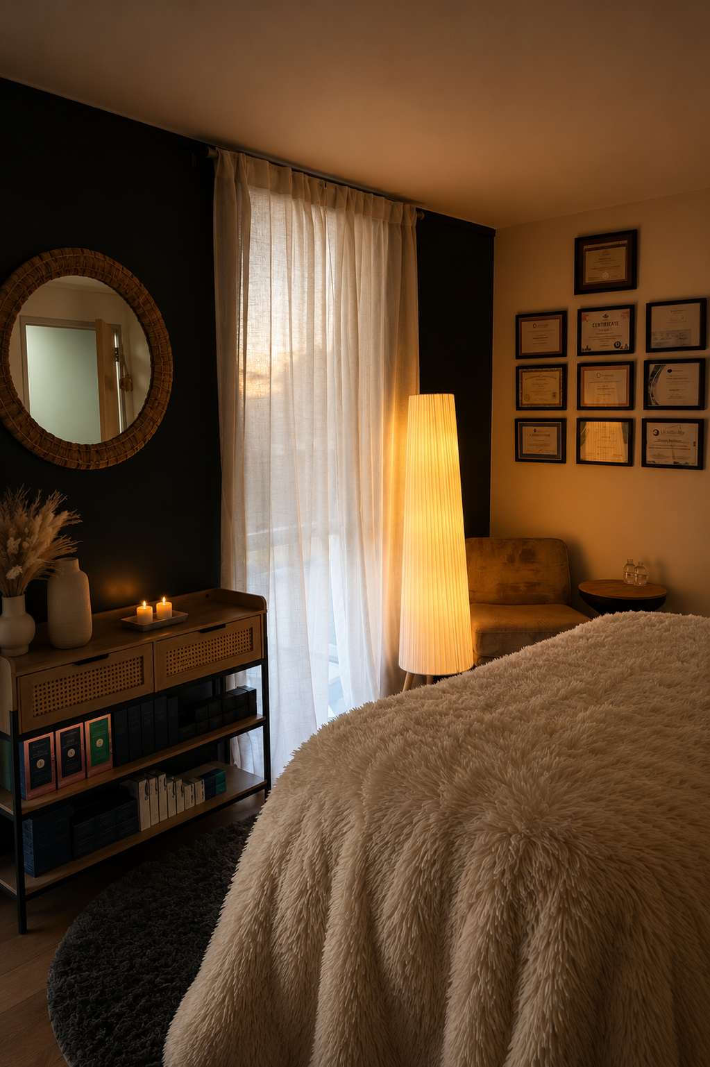 A cozy bedroom with beige and dark blue walls, a tall floor lamp, framed certificates on the wall, a window with sheer curtains, candles on a black shelf, a plush bedspread, and a small sofa with water bottles on a side table.