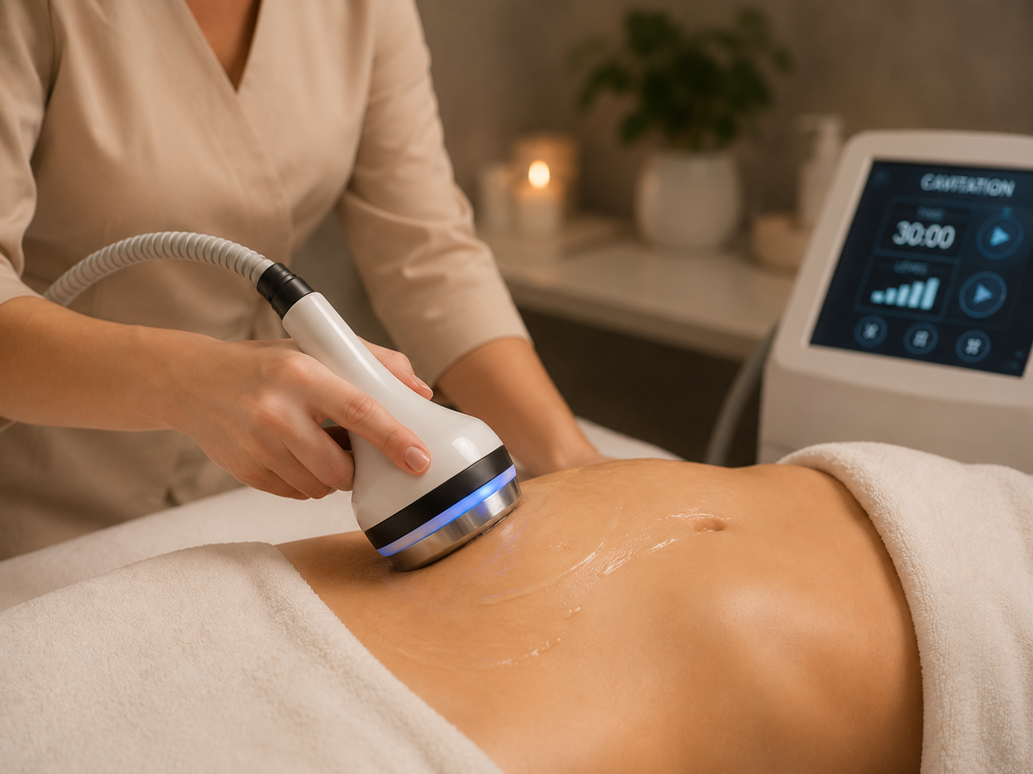 Non-invasive body cavitation uses ultrasound technology to support body contouring, improve the appearance of targeted areas, and promote smoother-looking skin.