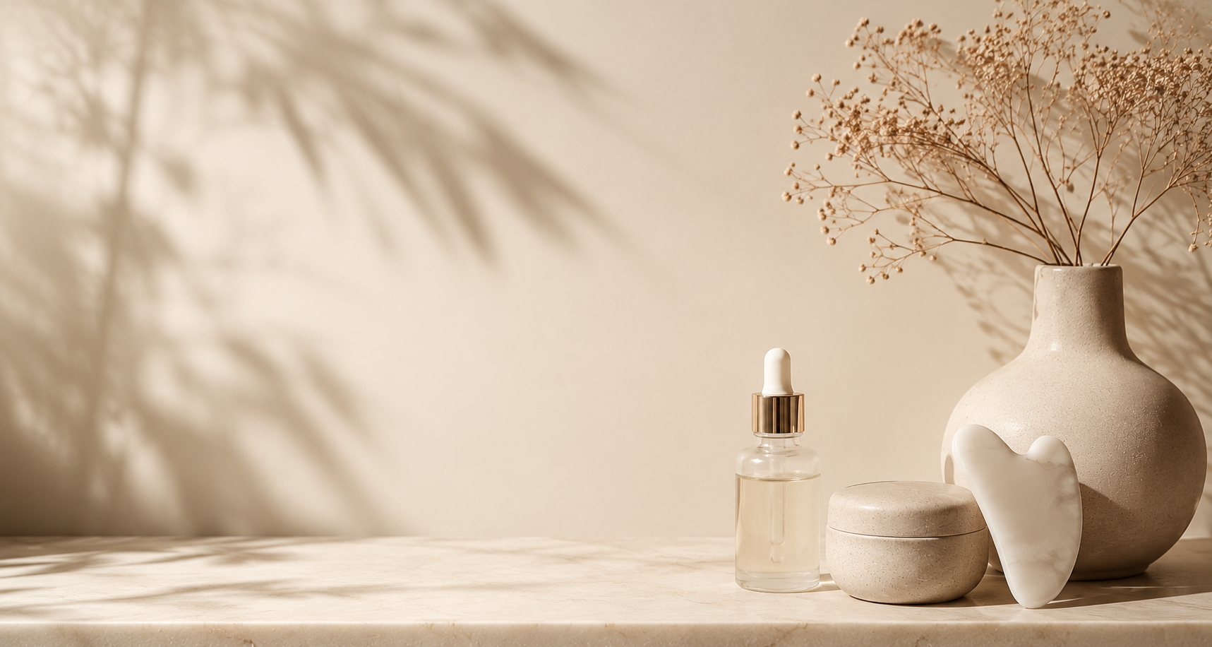 Minimalist arrangement of a beige vase with dried flowers, a small jar, and a dropper bottle on a light marble surface with soft shadows.