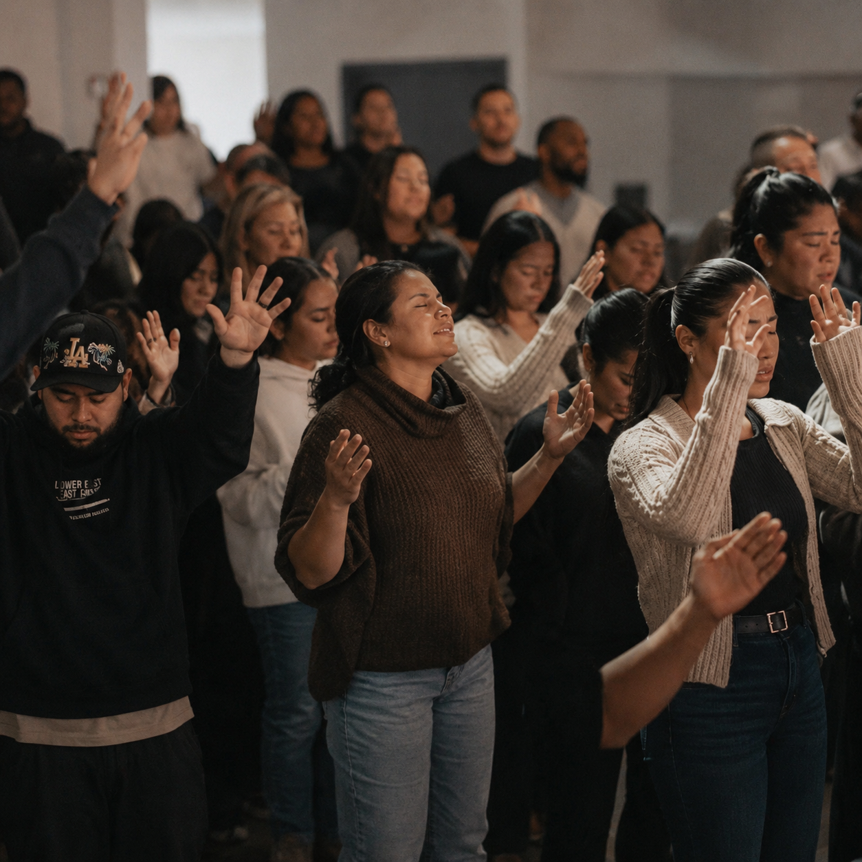 A diverse group of people standing with eyes closed and hands raised, participating in a religious or spiritual ceremony in an indoor setting.