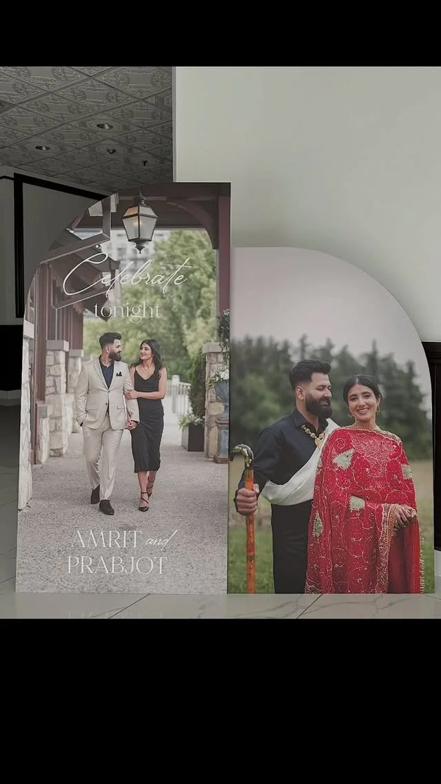 Save the date card featuring a couple walking in a park and another couple dressed in Indian traditional attire posing outdoors.