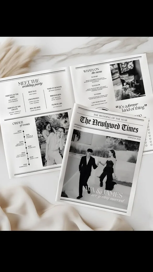 Black and white wedding announcement with photo of bride and groom, with wedding details and schedule on separate sheets, all placed on a soft fabric surface.