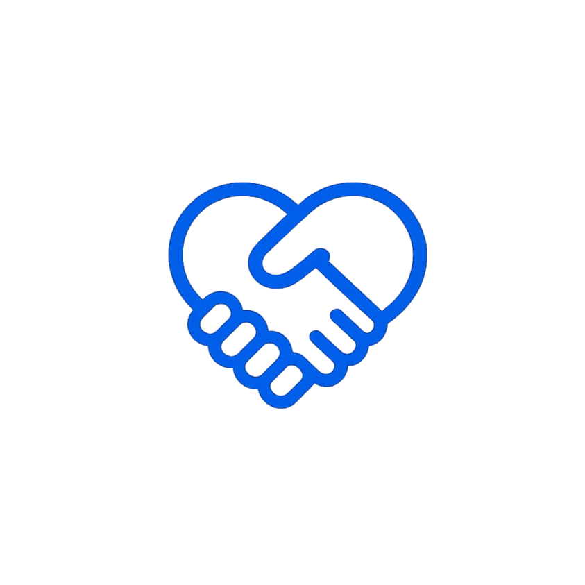 Blue outline drawing of two hands shaking, symbolizing partnership or agreement, centered on a black background.