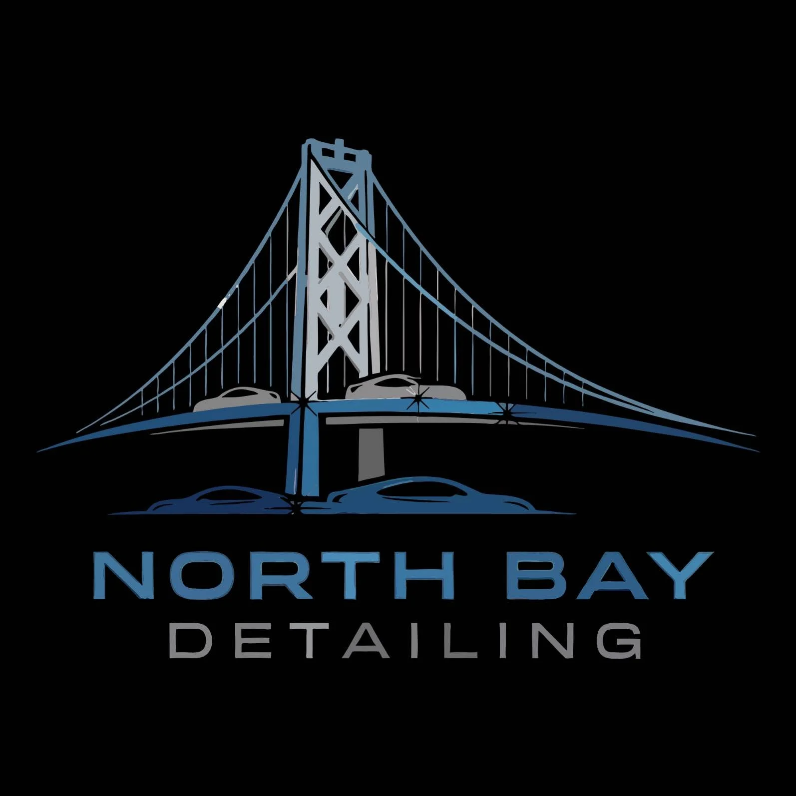 Illustration of a suspension bridge with cars crossing it and the text "North Bay Detailing" underneath.