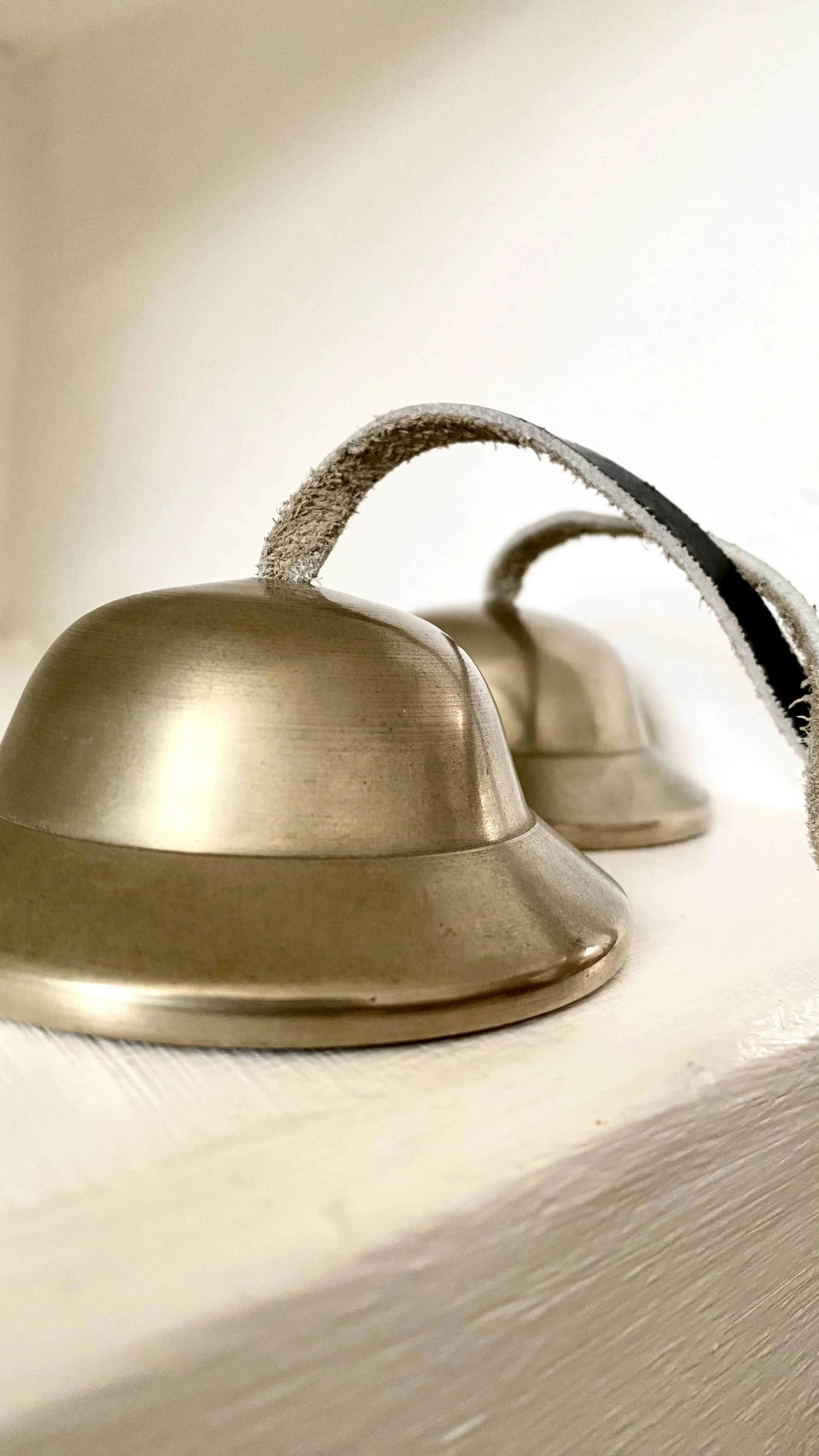 Brass-coloured Tingsha in white shelving unit