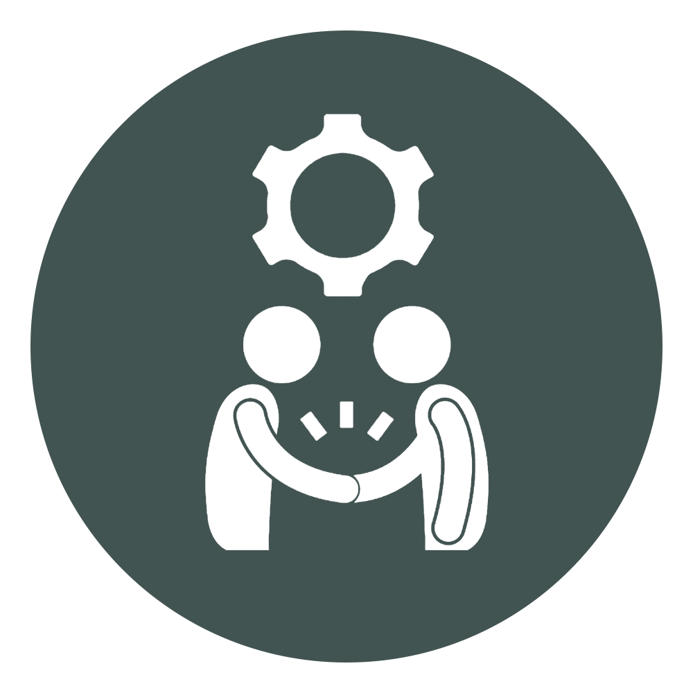 Icon of two people shaking hands with a gear above them, symbolizing collaboration or teamwork.