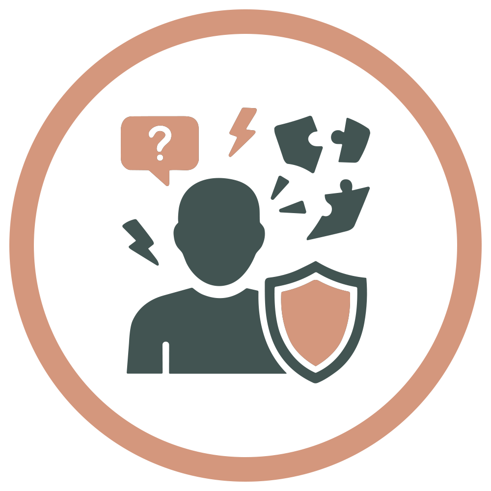 A graphic icon of a person's silhouette with symbols indicating questions, communication, lightning bolts, and puzzle pieces around their head, and a shield in front of the person, representing protection or security.