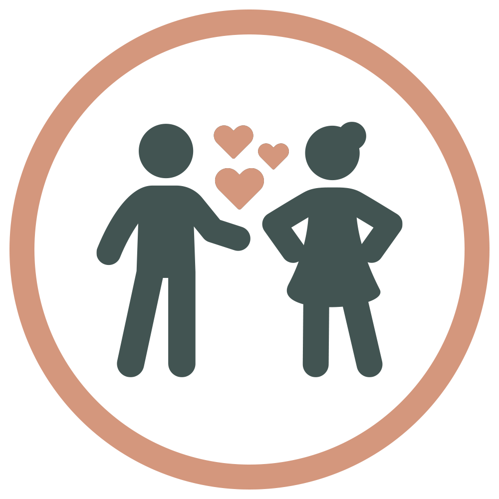 Icon of a man and woman with hearts above their heads, inside a circular border.