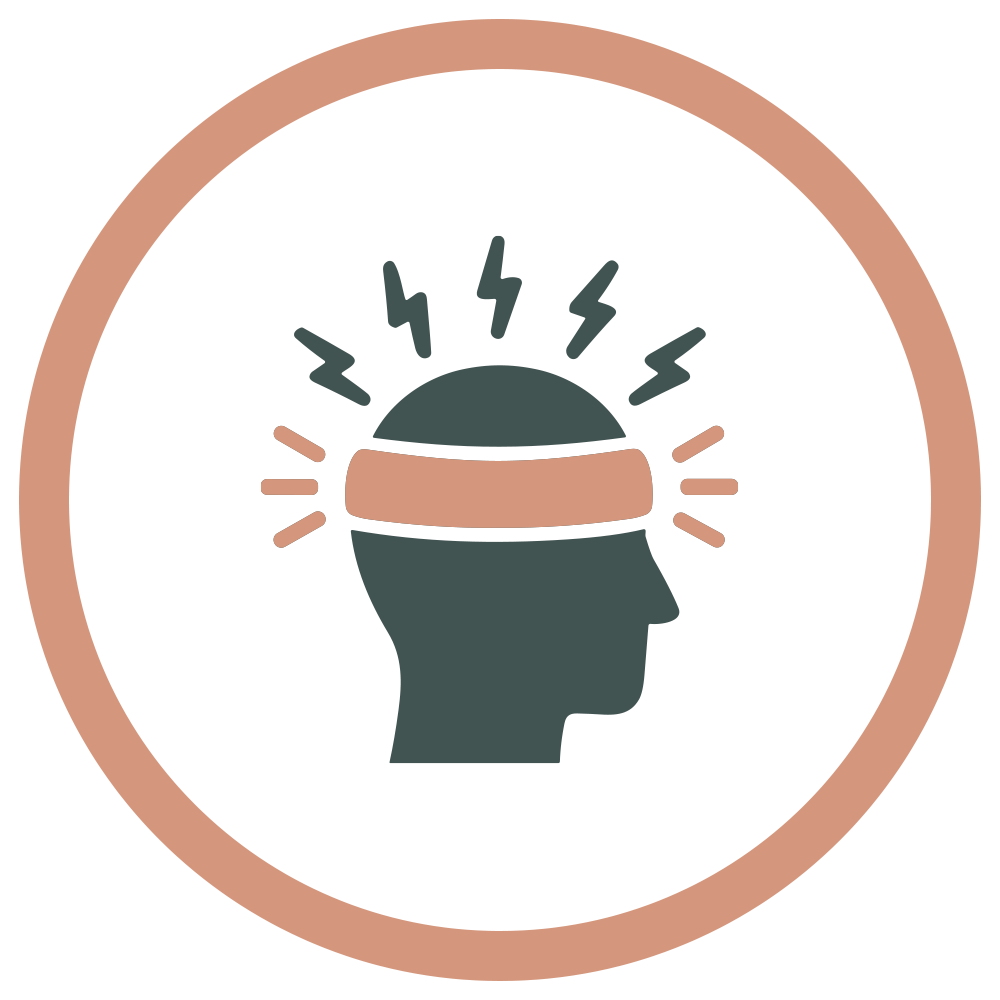 Icon of a human head silhouette with a band around the forehead and lightning bolts around the head, symbolizing headache or head pain, enclosed in a circular border.