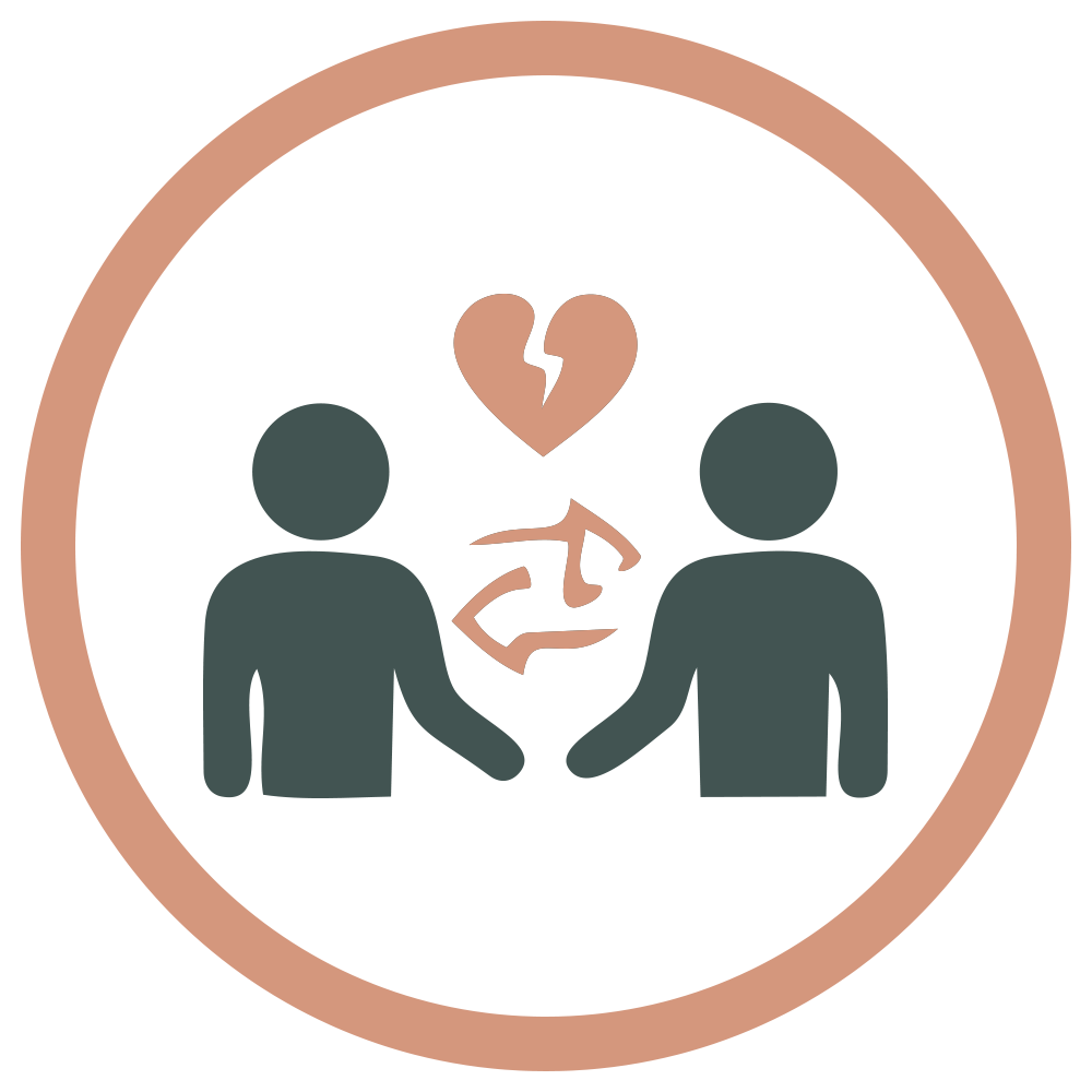 Two figures holding hands inside a circle, with a broken heart above and a lightning bolt below.