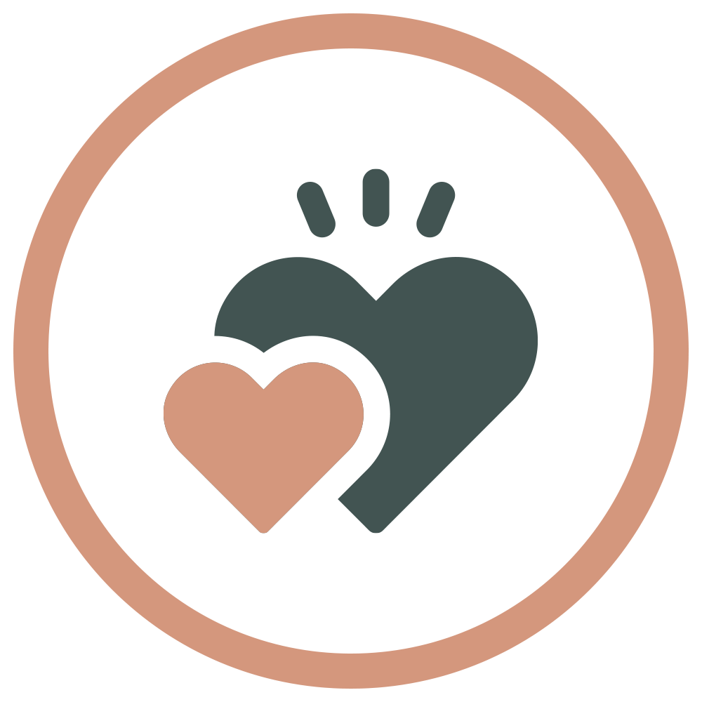 Two hearts, one larger and one smaller, with lines indicating movement or emphasis, enclosed in a circle with a border.