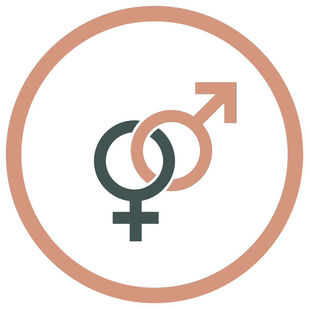 Circle with overlapping female and male gender symbols inside and a larger circle border.