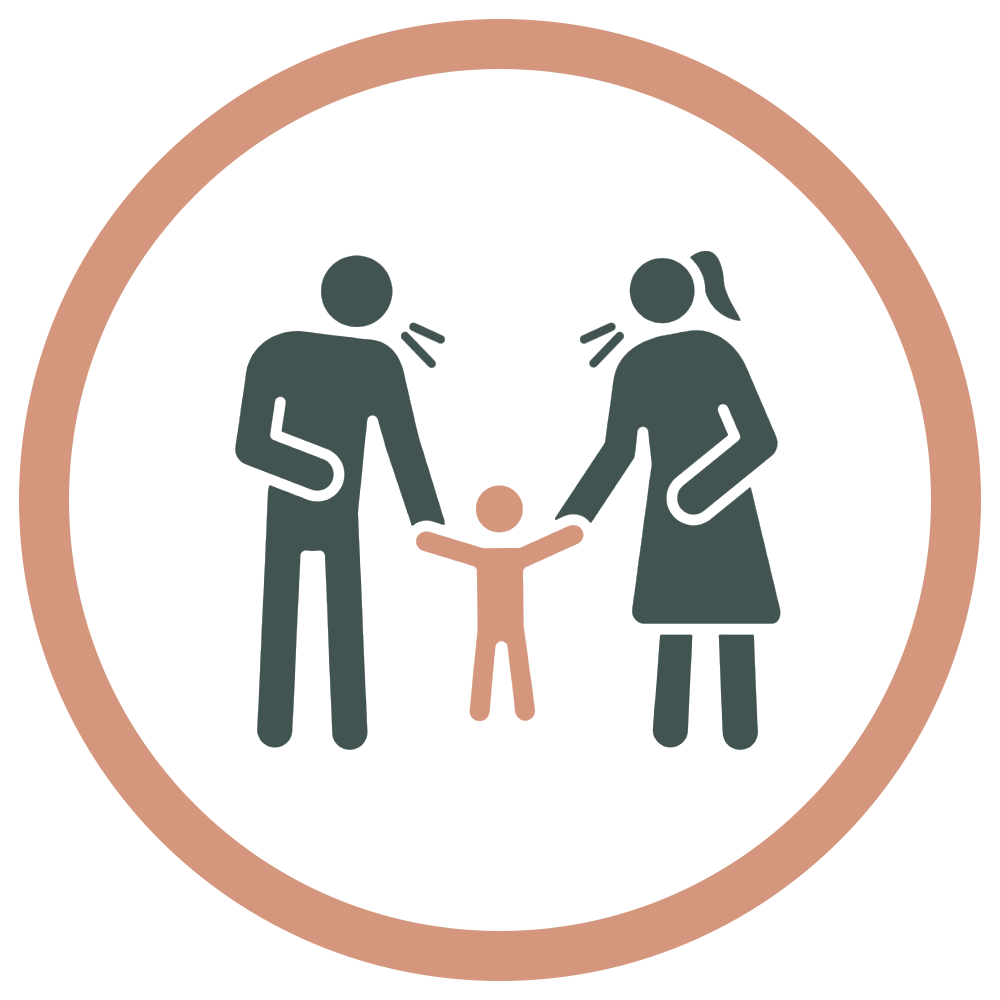 Illustration of a man and woman holding hands with a child in between them inside a circular border.