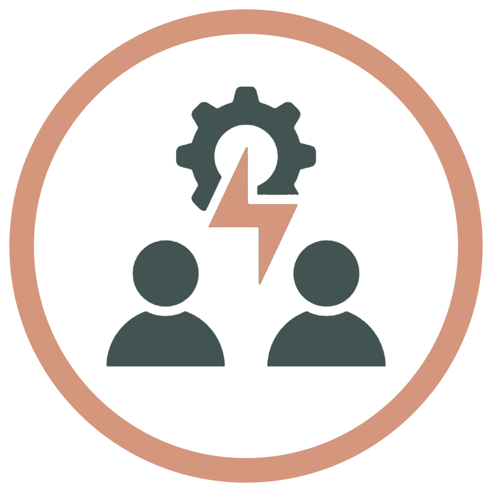 Icon representing two people with a gear, lightning bolt, and gear symbol above their heads, enclosed in a circular border.