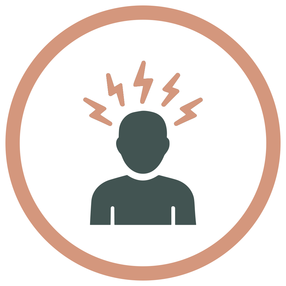 A graphic icon of a person with a dark silhouette and rectangular shoulders, surrounded by pink lightning bolts indicating headache or pain, enclosed in a light pink circular border.