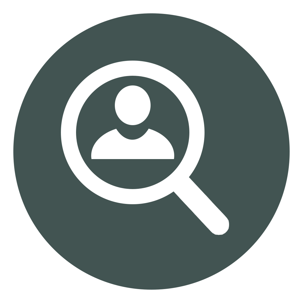 Magnifying glass icon with a person inside, representing search or profile review.