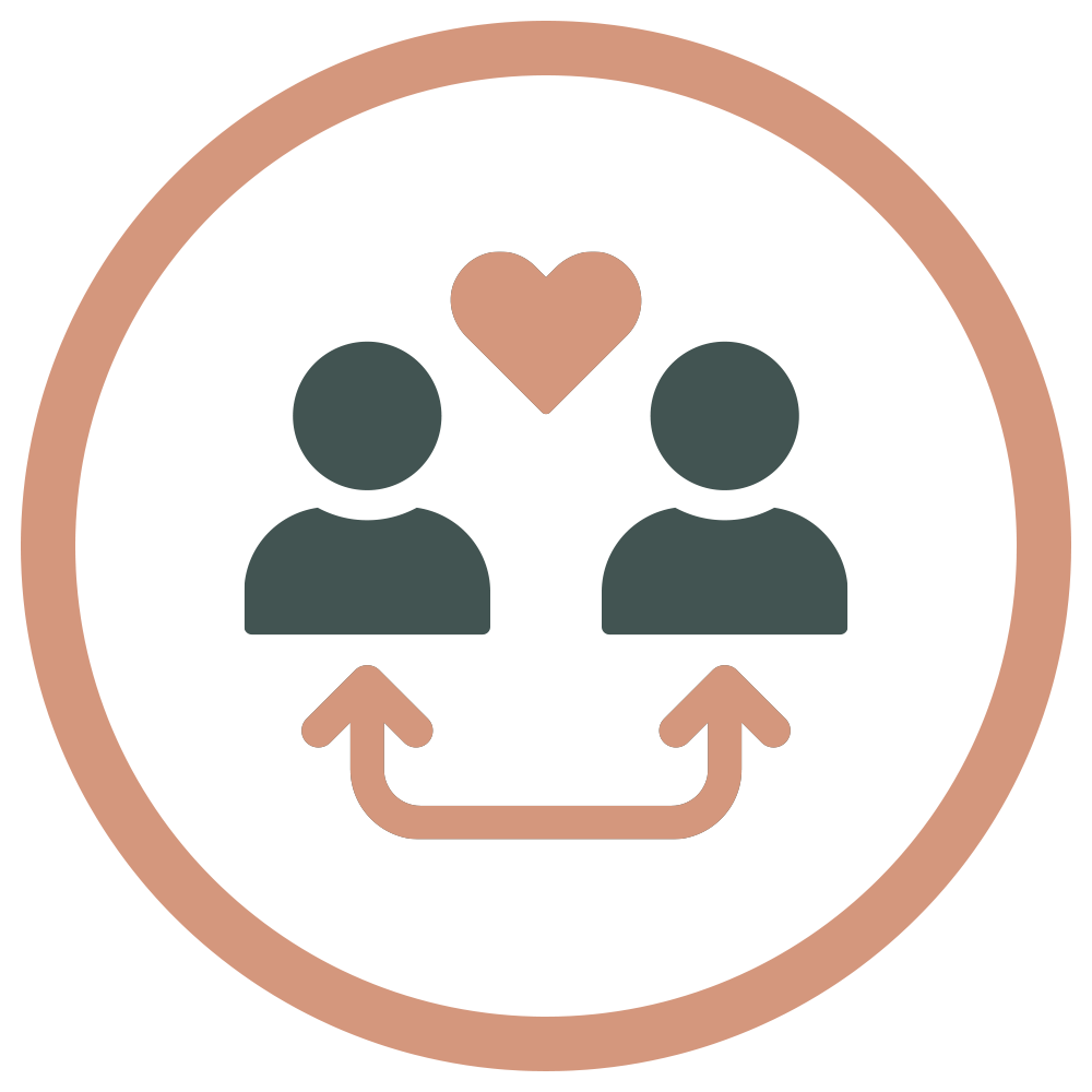 Icon showing two people with a heart above their heads, connected by arrows, inside a circular border.