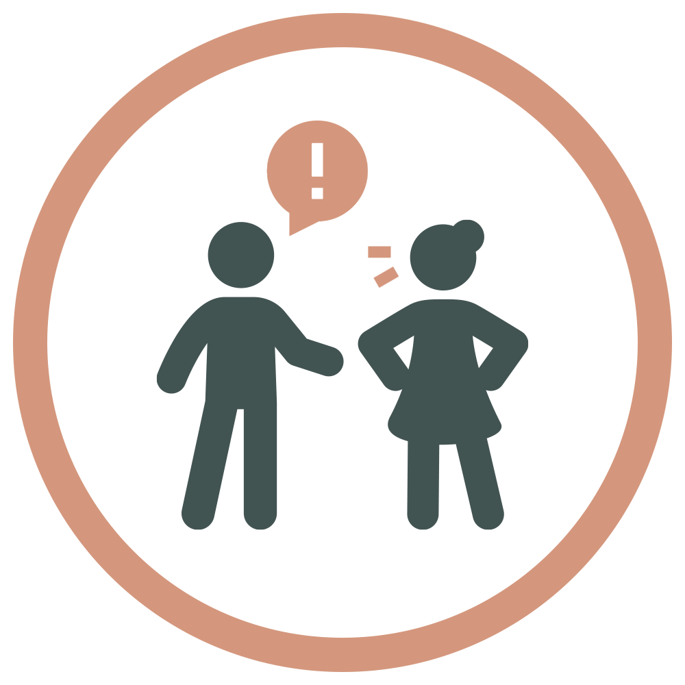 Icon of two people having an argument, one with a speech bubble containing an exclamation mark and the other with spray of lines indicating shouting.