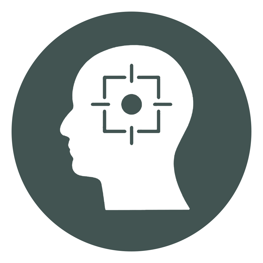 Icon of a human head in profile with a crosshair target inside the brain area, representing focus or mental targeting.