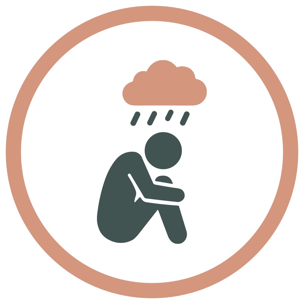 An illustration of a person sitting with their head down, under a rain cloud, conveying sadness or depression.