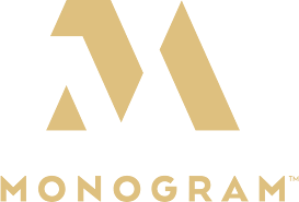 Monogram logo, gold geometric 'M' icon with wordmark below