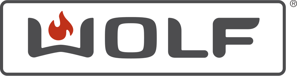 Wolf logo, red wordmark on red bordered box