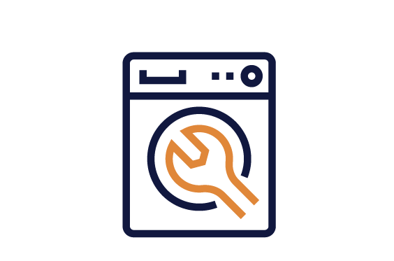 Icon of a washing machine with a magnifying glass, representing maintenance and cleaning