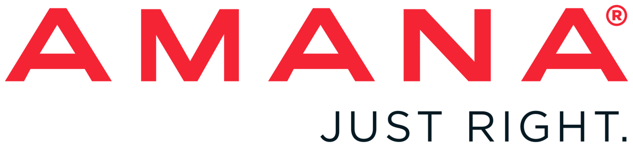 Amana logo, red wordmark with 'Just Right' tagline