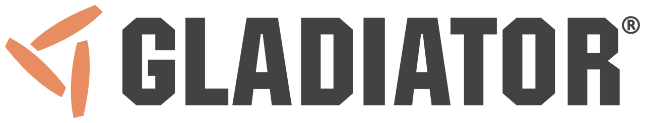 Gladiator logo, red and black wordmark with arrow icon