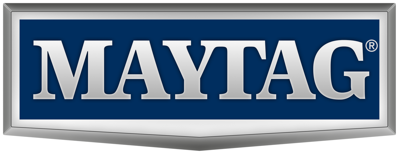 Maytag logo, blue wordmark in a blue box