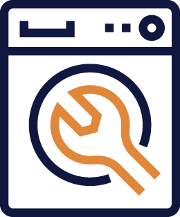 Icon of a washing machine with a wrench, representing repair and testing