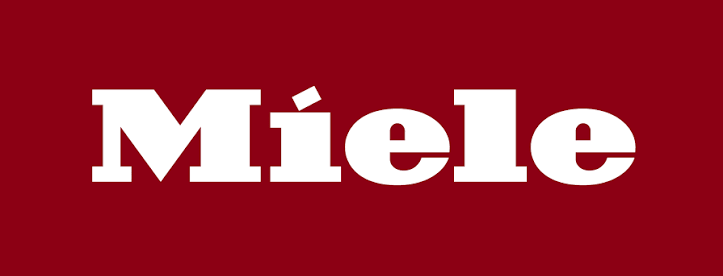 Miele logo, white wordmark on red background
