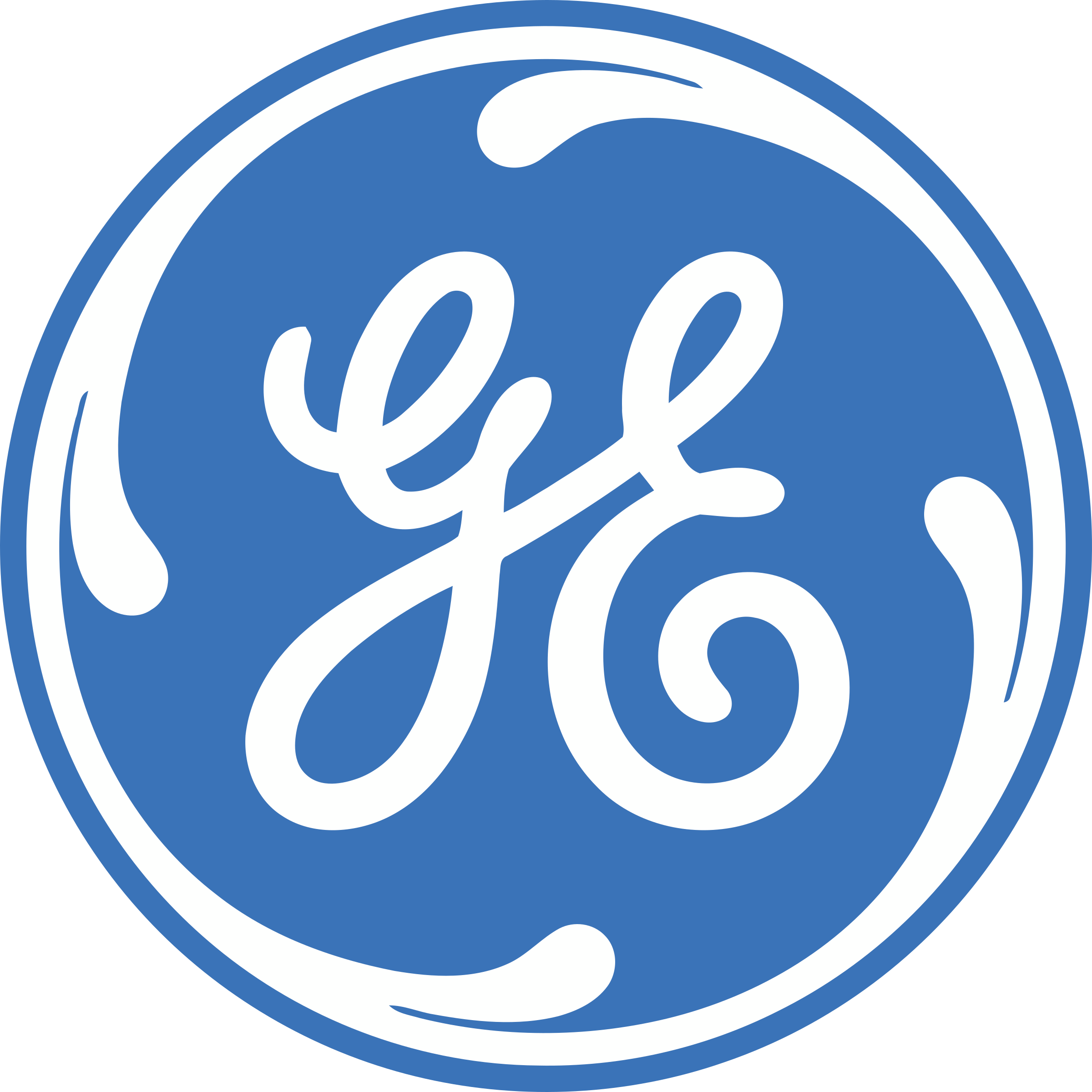 GE (General Electric) logo, blue monogram in a blue circle