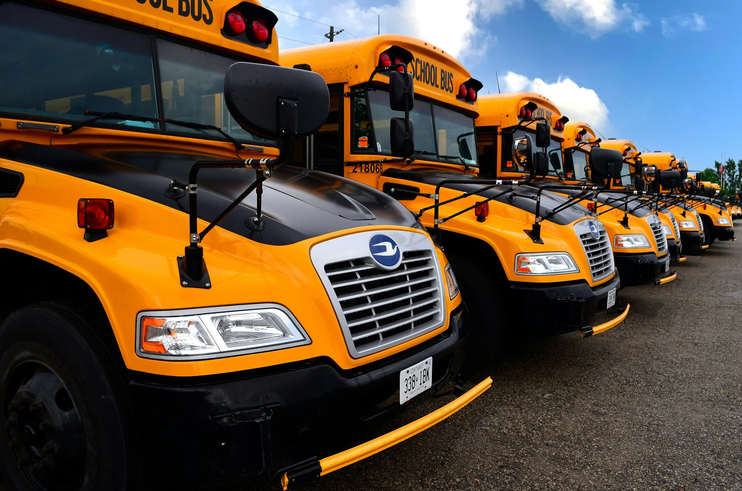 Row of yellow school buses parked outdoors against a partly cloudy sky.