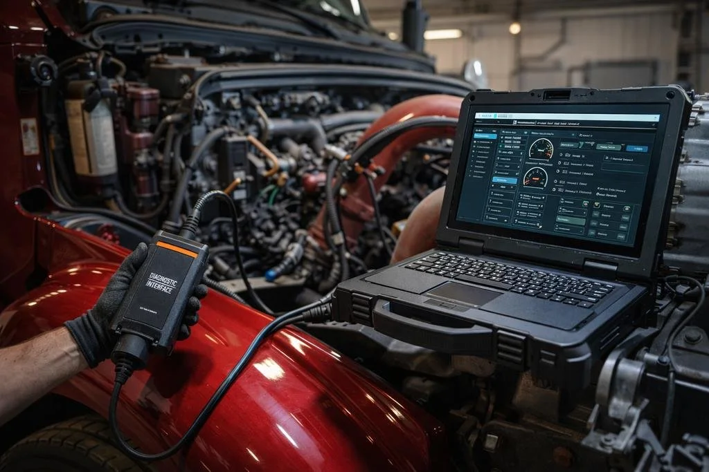 A mechanic wearing black gloves holds a diagnostic device connected to a red car. The car's hood is open, revealing the engine, and a rugged laptop displays diagnostic software with gauges and data. The setting appears to be an automotive repair shop.