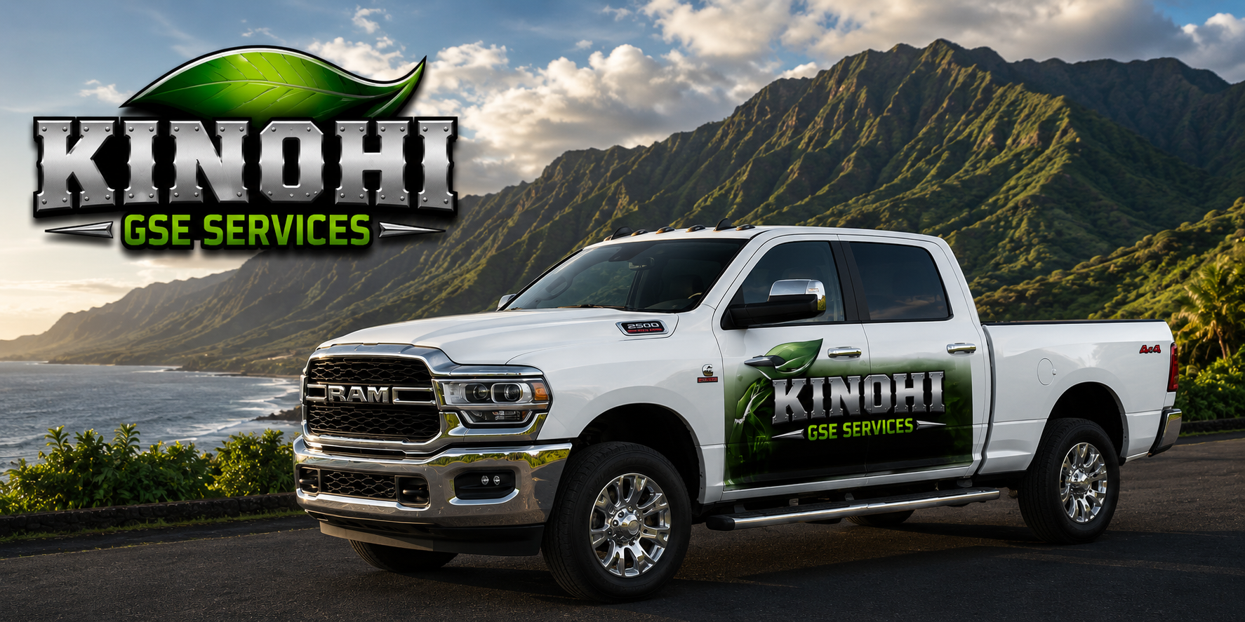 White RAM truck with green and black KINOHI GSE SERVICES logo on the door, parked near ocean with green mountains in the background