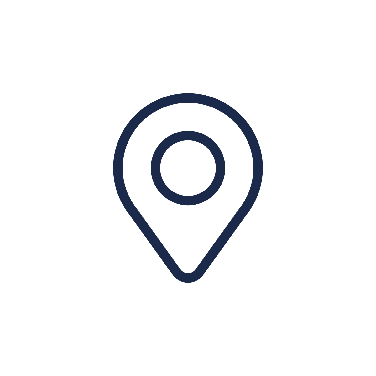 Map location pin icon in navy blue on a white background.