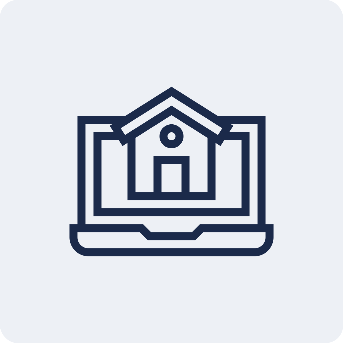 Icon of a house on a laptop screen representing virtual home or real estate online