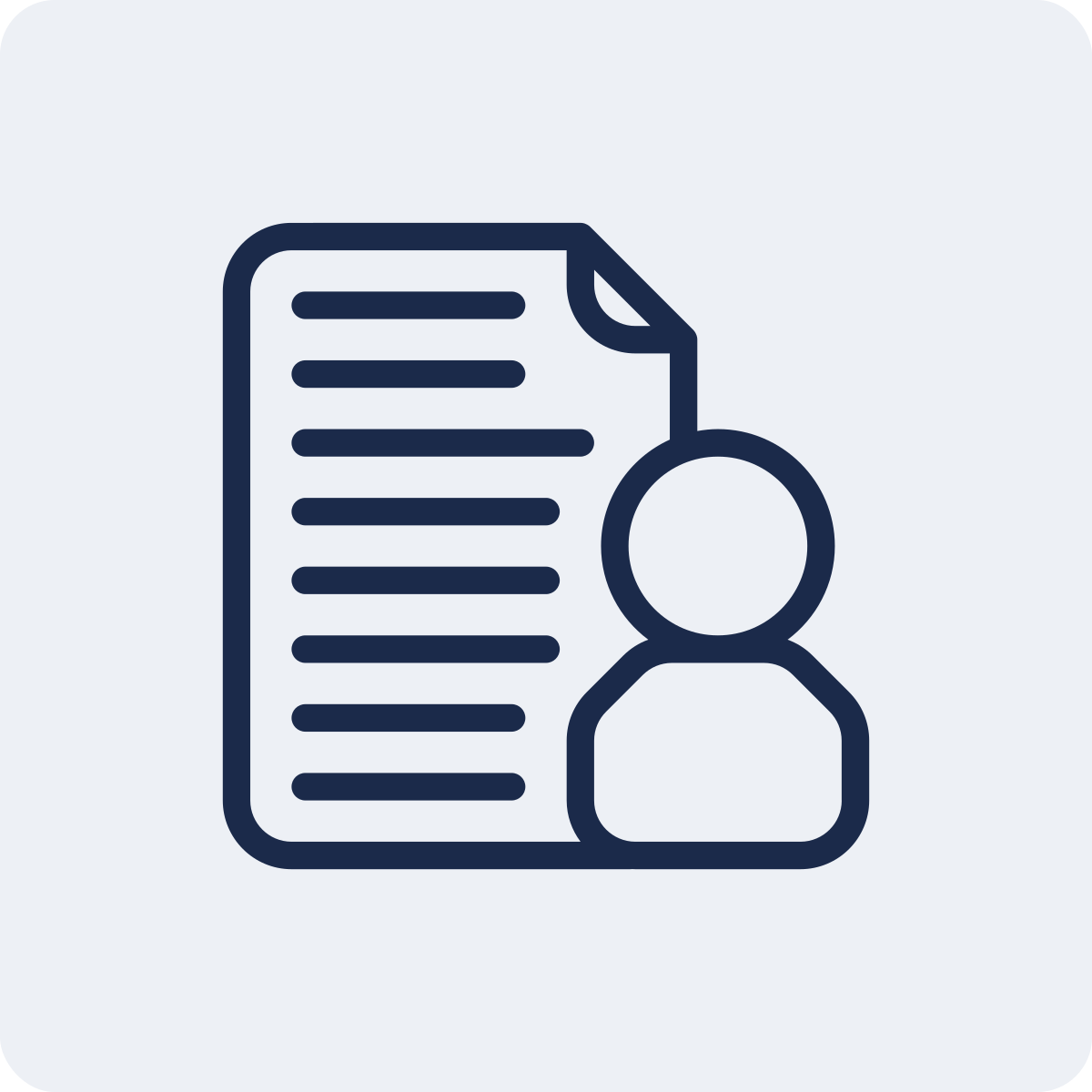 Icon of a document with lines of text and a person silhouette.