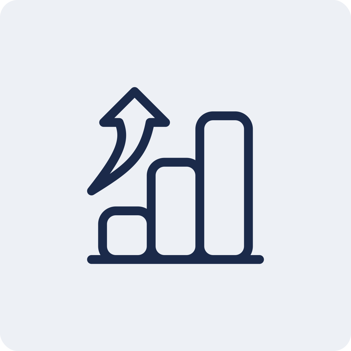 Line graph with an upward arrow indicating growth.